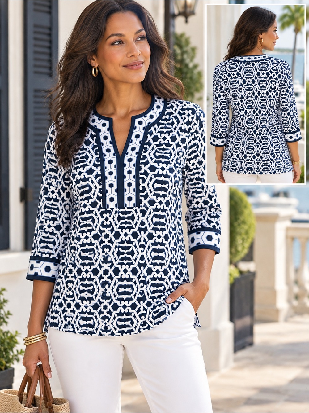 GRETCHEN SCOTT Navy White Geometric Tunic Top Size Medium Preppy Resort